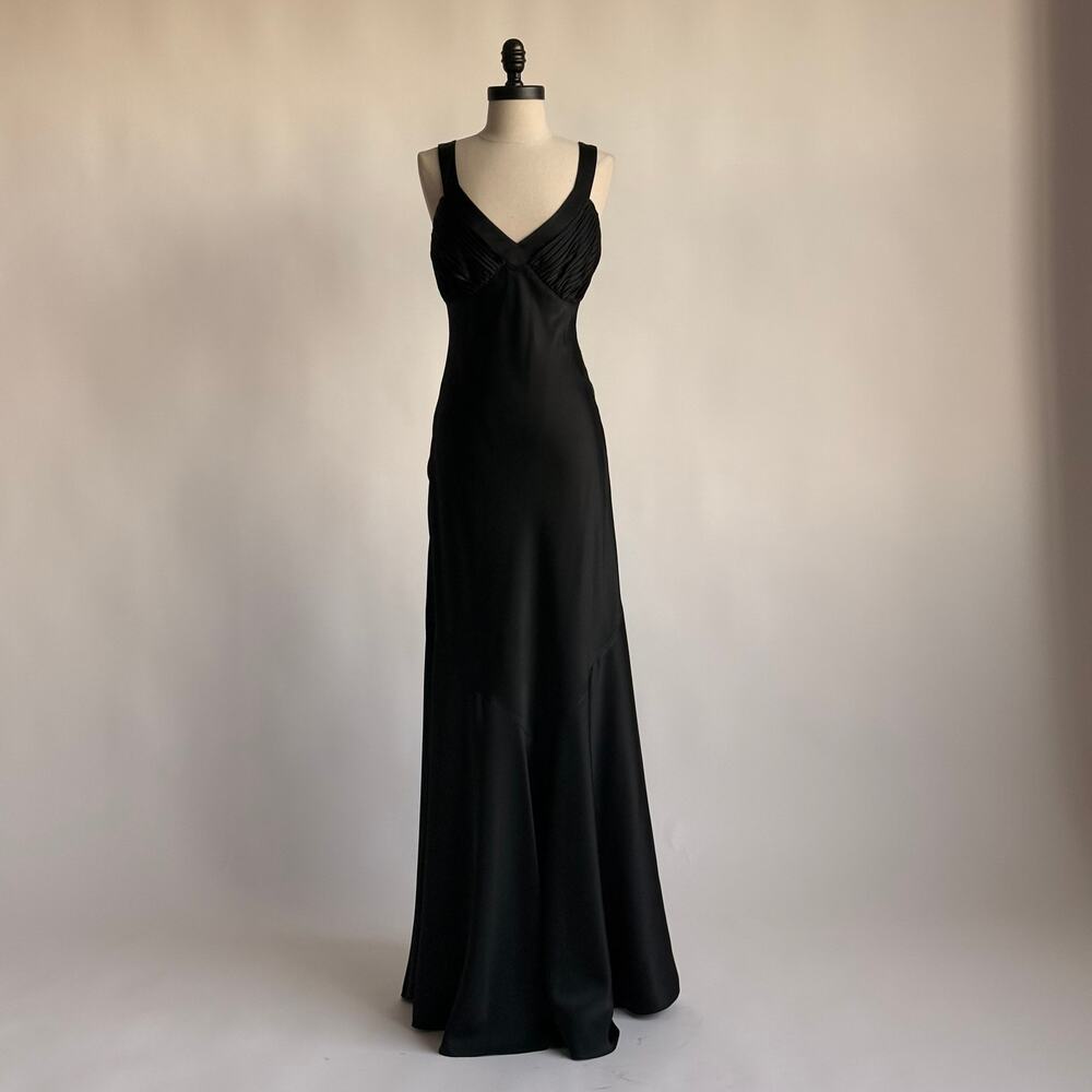 Vintage Calvin Klein Black Satin Ruched Column Evening Gown